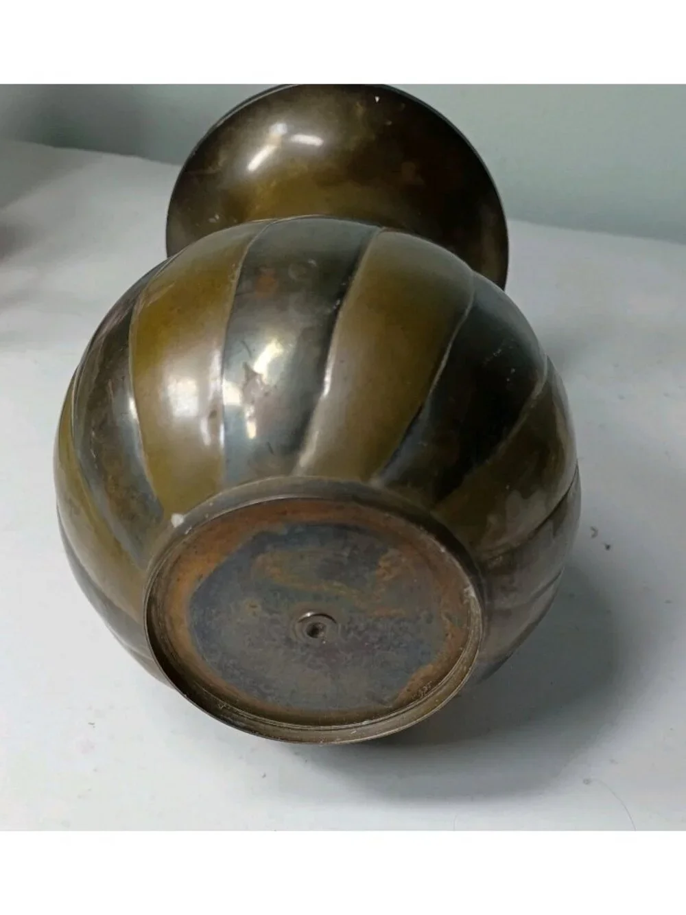Vintage Two Tone Solid Brass Ribbed Swirl Vase 6